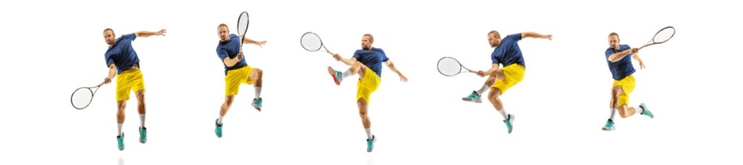 In flight. Young caucasian professional sportsman playing tennis on white background, collage, motion of ball's hit in dymanic. Power and energy. Movement, ad, sport, healthy lifestyle concept