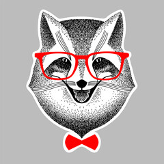 portrait of a fox in red glasses and bow-tie. Fox hipster style. Stylized fox smiles for poster, print, t-shirt. Liar, Dodger, mischievous, deceiver.