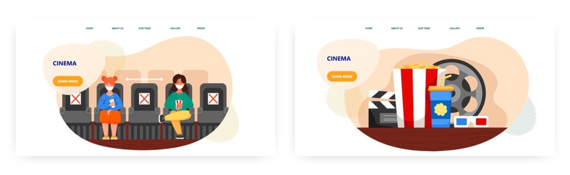 People wear mask and keep distance in a movie theater. Social distancing and coronavirus covid-19 prevention in cinema. Concept illustration. Vector web template. Popcorn, film reel, cinema glasses