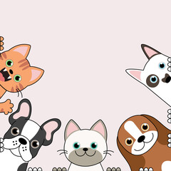 Vector illustration of funny cartoon dogs and cute cats best friends, Vector silhouette of dogs and cats on pink background.