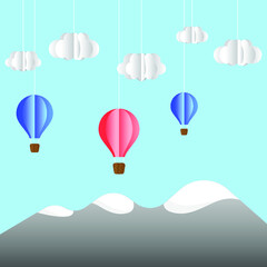 Landscape with mountains and balloons in the clouds