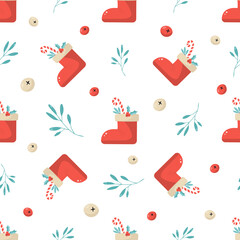 Holiday seamless pattern with Christmas boots and decorative elements.