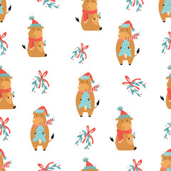Holiday seamless pattern with cute cows and decorative elements.