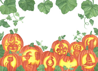 Watercolor Halloween illustration of Pumpkins Faces and green leaves