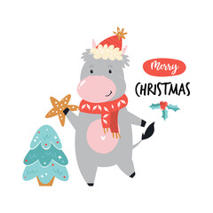 Merry Christmas illustration, poster with cute cow decorating fur tree