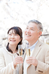花見をするシニア夫婦