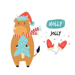 Funny cow in a scarf and hat holding fur tree. Winter holiday card