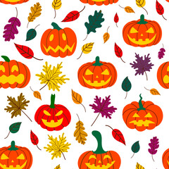 Seamless Halloween pumpkin pattern with fallen leaves on a white background. Design for Halloween and thanksgiving. Hand-drawn vector illustration