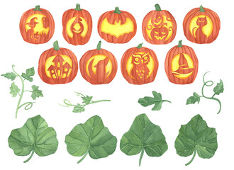 Watercolor Halloween set of Pumpkins Faces and green leaves