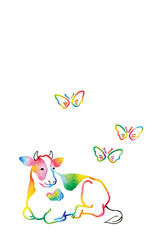 虹色で描かれた伏せウシと蝶