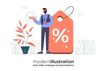 Modern E-Commerce, Online Shopping, Sale illustration. Sale Badge with customer or businessman standing there.