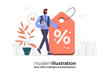 Modern E-Commerce, Online Shopping, Sale illustration. Sale Badge with customer or businessman standing there.