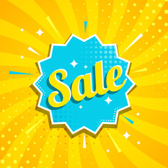 Sale banner. Abstract Exploding label, Cartoon Striped yellow background. Discount offer badge. Modern sunshine sunburst concept. Vector illustration for social media ad, poster, web, price tag