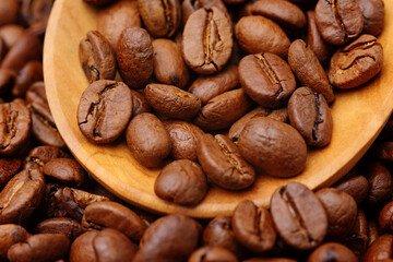 Roasted coffee beans close up on a wooden spoon