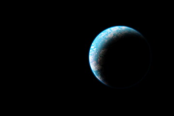 Blue alien planet in space. Isolated on black background with copy space.