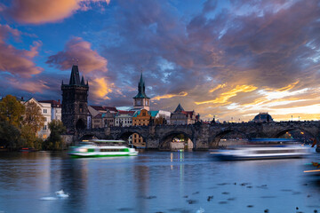 Prague, Charles Bridge in the evening. Czech Republic.