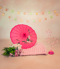 Beautiful summer decorations for a toddler photo session in a photo studio