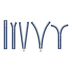 Blue Zippers Various Types Shapes Icon Set. Vector