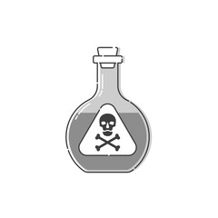 Flask poison with skull full face for concept design. Dangerous container. Potion beverage medical concept. Chemistry addiction icon. Venom, danger symbol. Isolated flat illustration