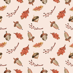 Autumn Watercolor Seamless Pattern Acorn and Leaves