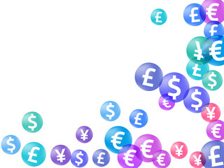 Euro dollar pound yen circle icons scatter money vector background. Jackpot pattern. Currency 