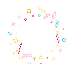 Fototapeta na wymiar Memphis style geometric confetti background with triangle, circle, square, zigzag and wavy line