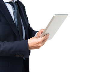 Closeup view of businessman in suit using tablet