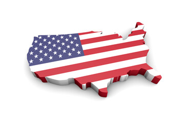 3d rendering of  USA map covered by American flag on white background. Isometric view of the United States of America map.