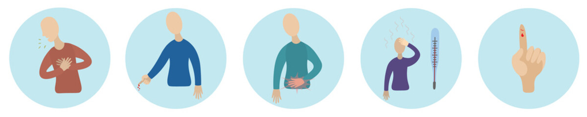 Medical topics. Disease symptoms. The person is sick. Set of round vector icons. Isolated white background. Flat style. Patient, sneezing, coughing, fever, thermometer, finger cut, abdominal pain. 