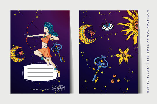 Zodiac Sagittarius, girl notebook vector template. Book layout for a3, a4, a5 paper size. School education art. Astrology woman,  horoscope symbol. Cover page design.