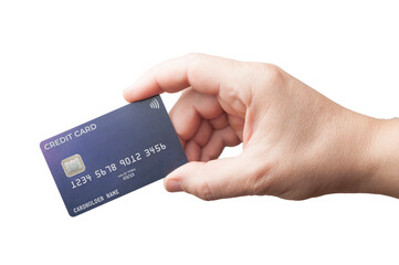 Man's hand hold a contactless credit card on white background