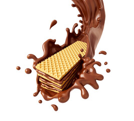 crispy wafer with chocolate Splash, with Clipping path 3d illustration.