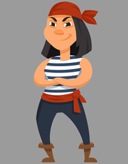 Female pirate with her arms crossed. Smiling character in cartoon style.