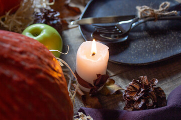 Thanksgiving Day. Autumn background of pumpkins, cones and apples. Festive background lit candle. Family dinner. Copyspace