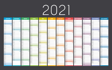 Year 2021 colorful wall calendar in French language, with weeks numbers, on black background. Vector template.
