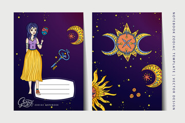 Zodiac Gemini girl notebook vector template. Book layout for a3, a4, a5 paper size. School education art. Astrology woman,  horoscope symbol. Cover page design.