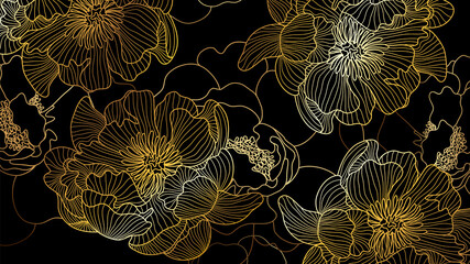 Luxury rose golden art deco wallpaper. Nature background vector. Floral pattern with golden flower line art. Vector illustration..