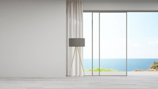 Blank wall on empty wooden floor of large living room in modern house or luxury villa. Minimal home interior 3d rendering with beach and sea view.