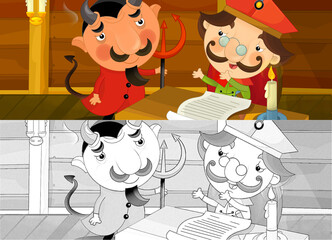 cartoon sketch scene prince in room talking with devil