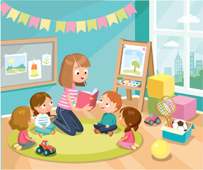 Mum nurse teacher reading book to children kids pupils in a kindergarden classroom at primary school, pre-school, home. Reading books for kids. Babysitting. Children listen to teacher.