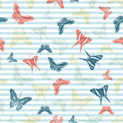 Flying butterfly silhouettes over striped background vector seamless pattern.