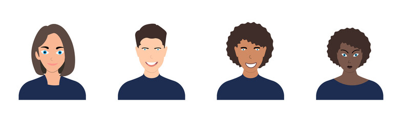 Set of male and female head silhouettes avatar, profile icons in flat style