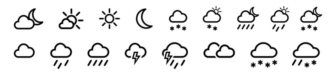 Set of weather vector line icons, contains symbols of the sun, clouds, snowflakes