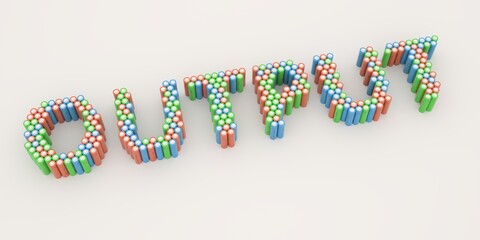 OUTPUT text made with many batteries. Electrical technologies related 3d rendering