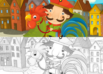 Cartoon sketch scene with prince on town marketplace