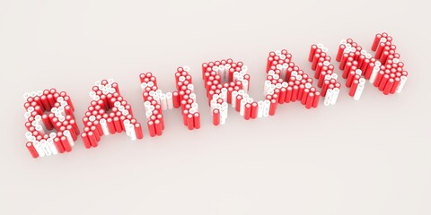 BAHRAIN text made with many batteries. Electrical technologies related 3d rendering