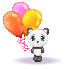 Cute little panda with balloons, greeting card illustration, cute animal.