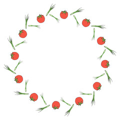 Round frame with positive tomato and green onion on white background. Vector image.