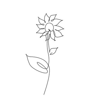 Single continuous line drawing minimalist beauty fresh sunflower. Floral concept for posters, wall art, tote bag, mobile case, t-shirt print. Trendy one line draw design vector graphic illustration