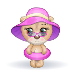 Cute cartoon Baby Panda in panama hat swimming on pool ring inflatable